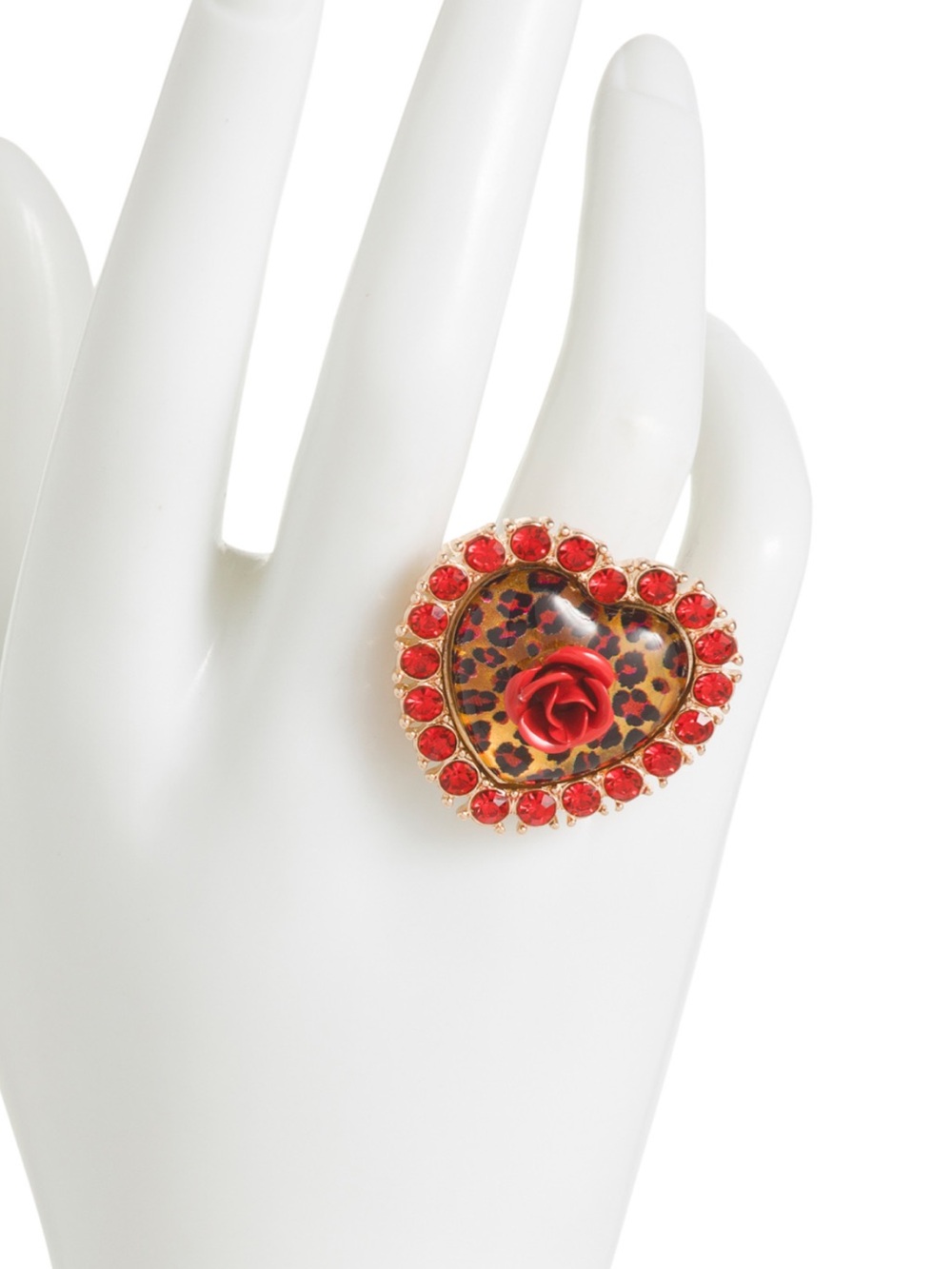 Betsey Johnson Red Crystal Heart Ring with Leopard Print and Rose